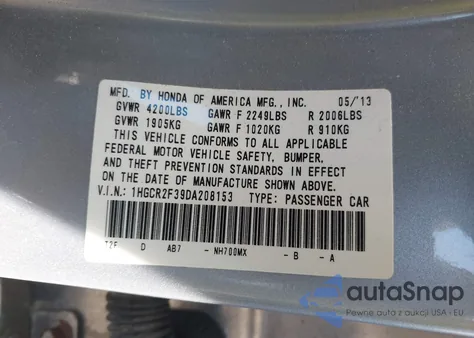 2013 Honda Accord Lx из США, поврежденный, VIN 1HGCR2F39DA208153